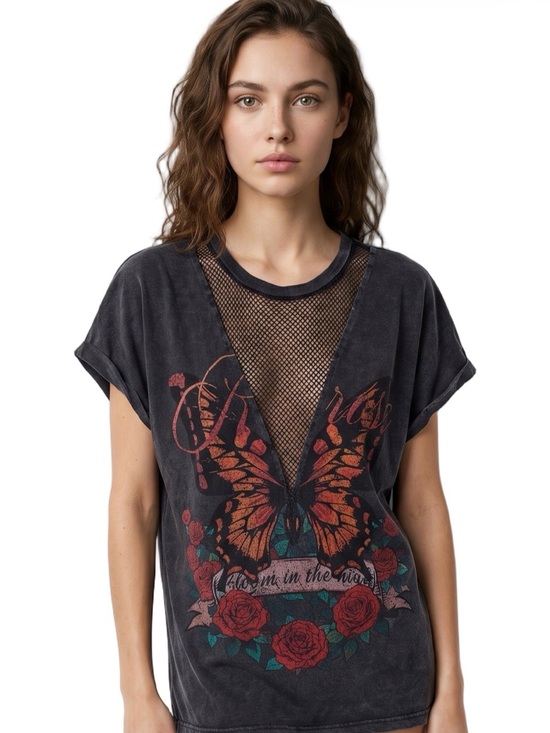 Couture Gypsy Tops - COUTURE GYPSY Black Vneck short sleeve Unique T shirt Cutouts w mesh inserts
